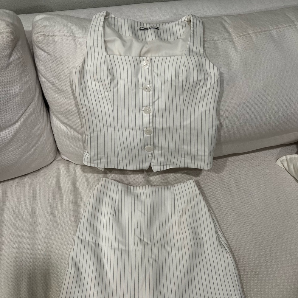 White Striped Button-Up Top and Skirt Set